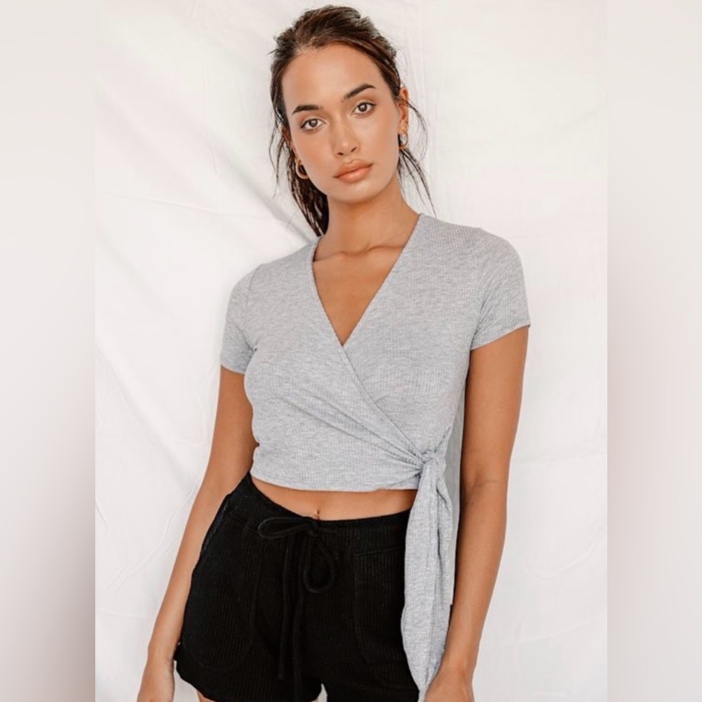 Lulu's Light Gray Ribbed Wrap Tie Crop Top